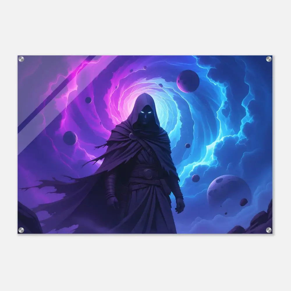 Hooded figure standing against a cosmic backdrop on Voidwalker’s Gate Acrylic Print