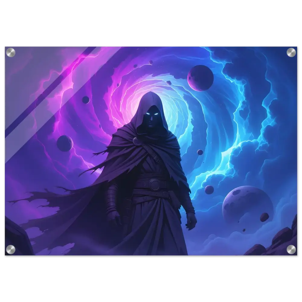 Hooded figure standing before a cosmic vortex acrylic print for Voidwalkers Gate wall display