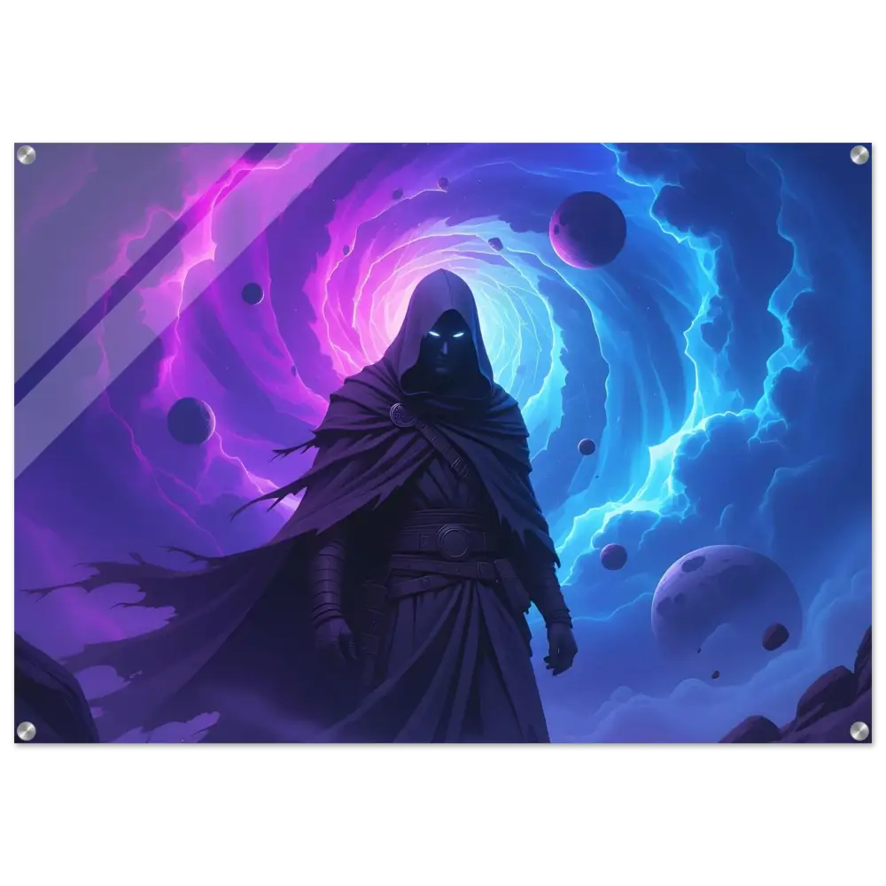 Framed cosmic sorcerer art featuring cloaked figure and portal in PixiOnyx Wall Display