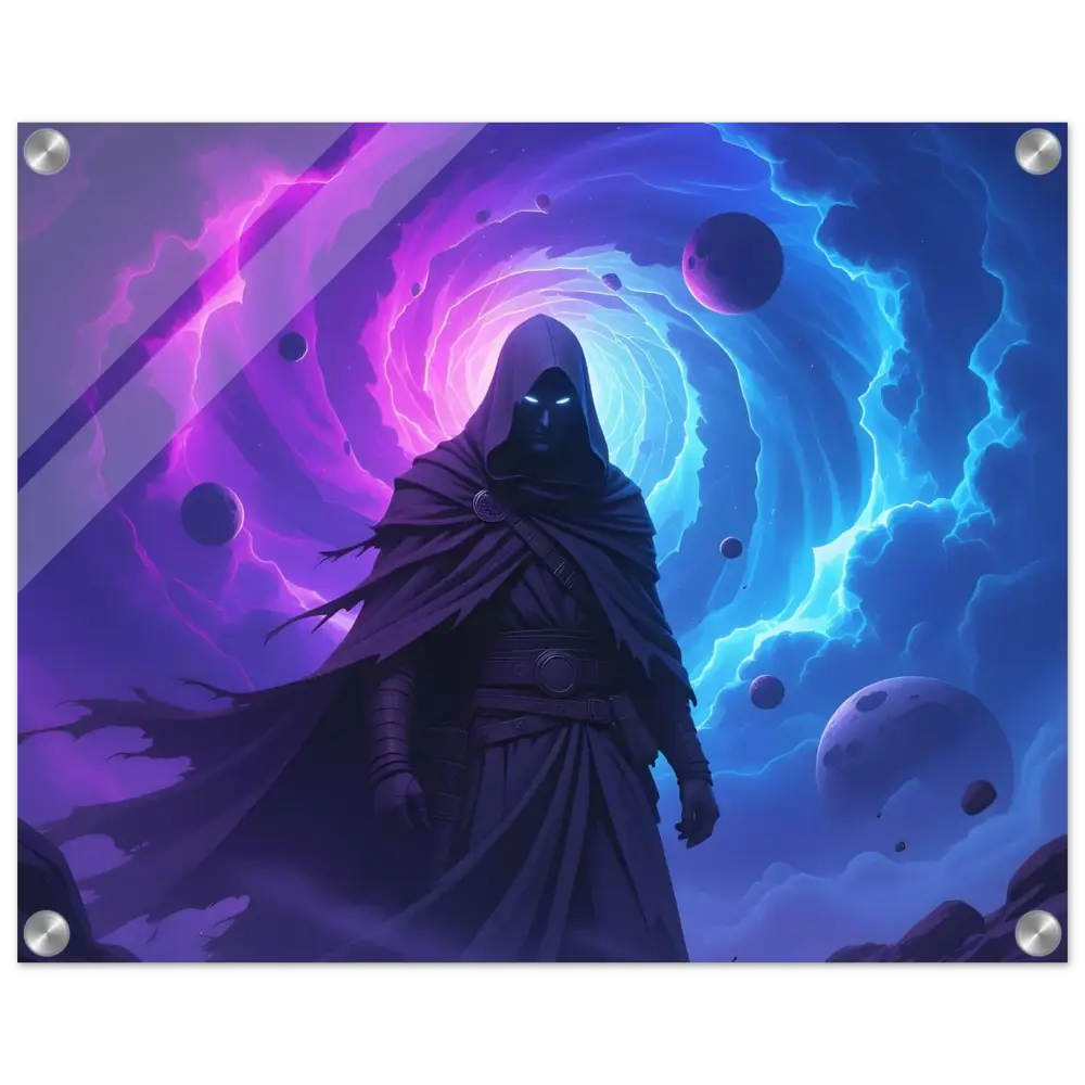 Acrylic print of a hooded figure against a cosmic backdrop from the Voidwalker’s Gate collection