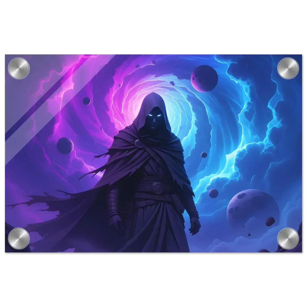 Acrylic print featuring a hooded cosmic figure with a portal titled Voidwalkers Gate