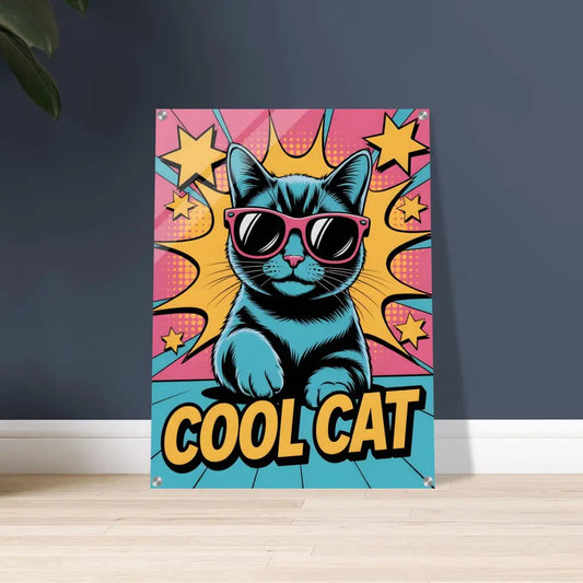 Vibrant pop art acrylic print of a blue cat with pink sunglasses showcasing clarity enhanced light