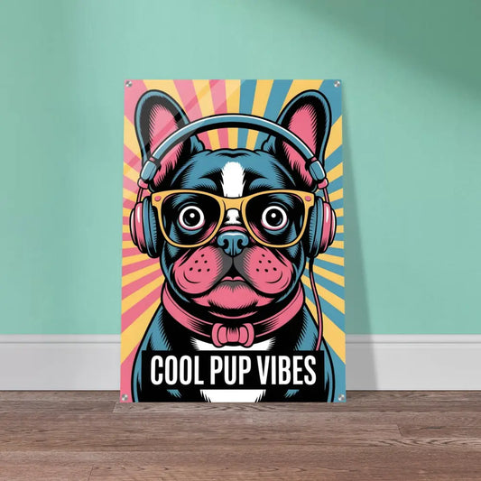 Vibrant acrylic glass glossy poster of a cool bulldog with headphones and glasses