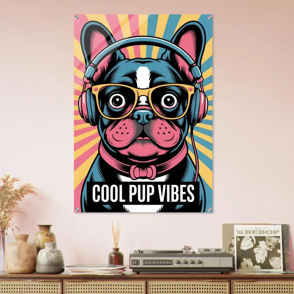 Colorful French Bulldog poster with headphones and glasses on glossy acrylic glass finish