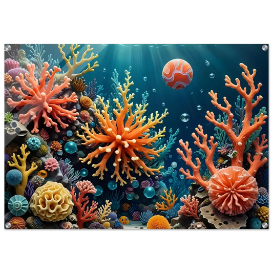 Vibrant Coral Reef Ecosystem Acrylic Print displayed in PixiOnyx Undersea Dreamscape
