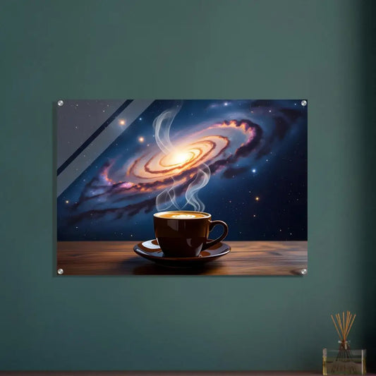 Wall-mounted galaxy coffee art displayed on Acrylic Print Cosmic Brew PixiOnyx Dreamscape Crystal