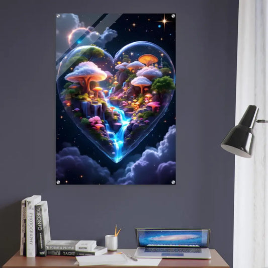 Heart-shaped fantasy mushroom landscape art on Acrylic Print Cosmic Heart PixiOnyx Crystal Veil Collection