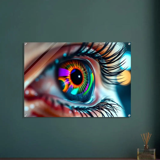 Colorful eye art acrylic print titled Cosmic Iris Portal of Vision by PixiOnyx Dreamscape