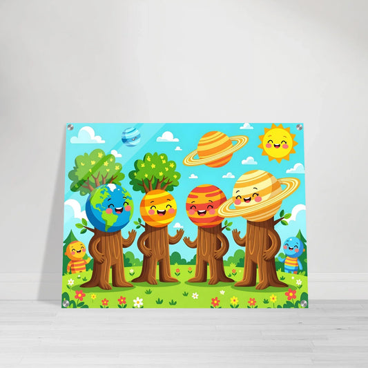 Cartoon planet-themed wall art acrylic print featuring cosmic tree friends for kids room