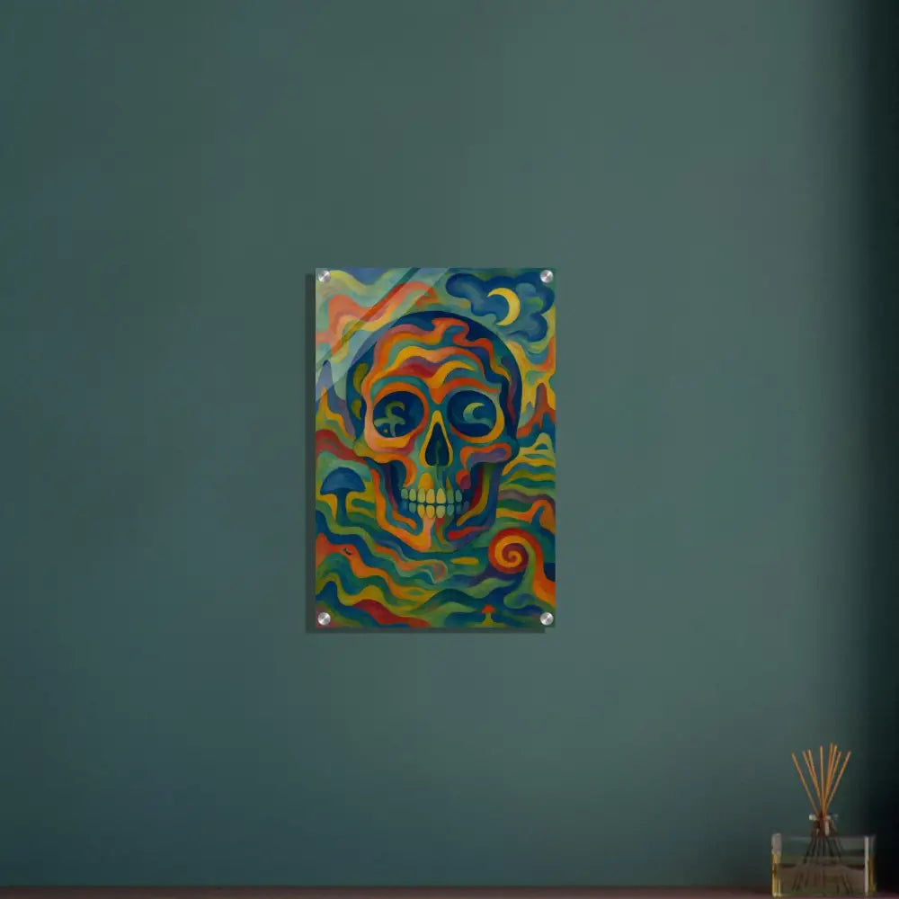 Vibrant colorful skull artwork acrylic print on display for Craniocolor PixiOnyx artistic decor