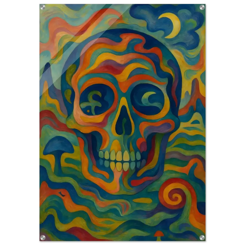 Vibrant psychedelic skull painting acrylic print on glasslike surface for unique wall art