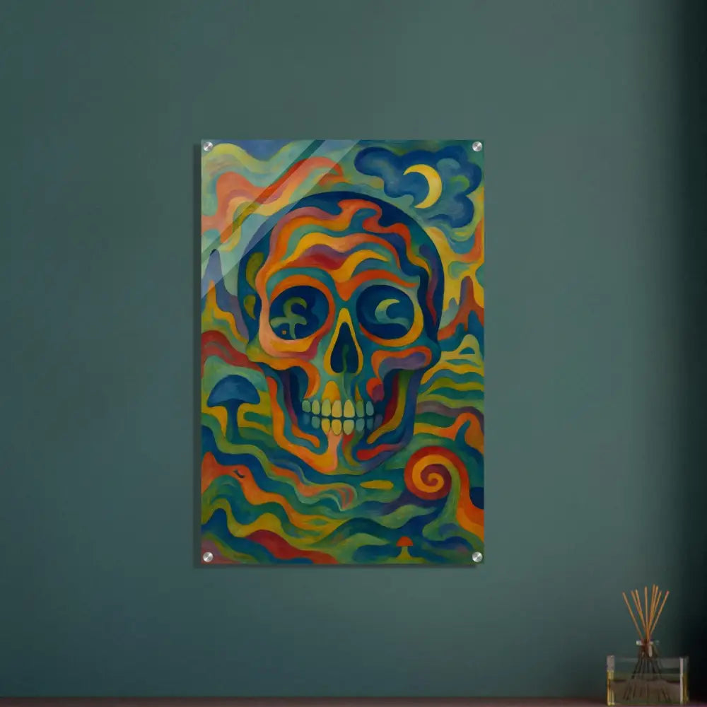 Colorful skull artwork acrylic print on vibrant glasslike skull art display