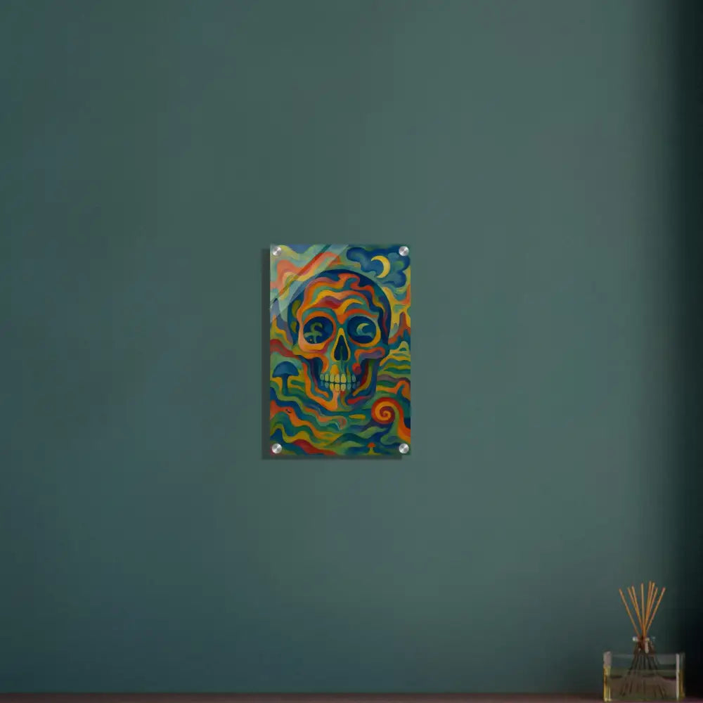 Colorful skull artwork acrylic print titled Craniocolor by PixiOnyx vibrant glasslike art