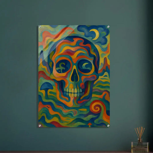Vibrant psychedelic skull artwork displayed on Acrylic Print Craniocolor PixiOnyx
