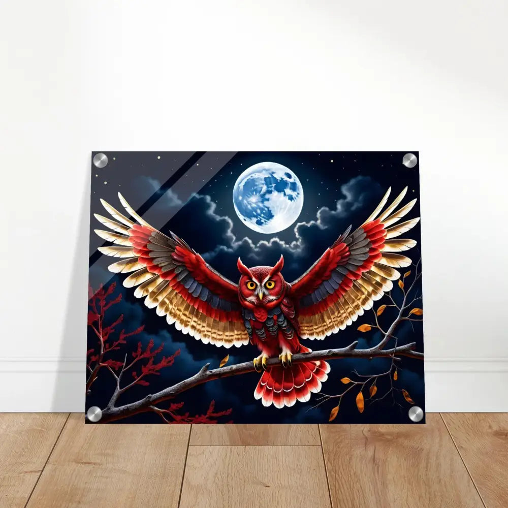 Owl art print on Crimson Wings Unfurled Acrylic Wall Art by PixiOnyx Celestial Luxe