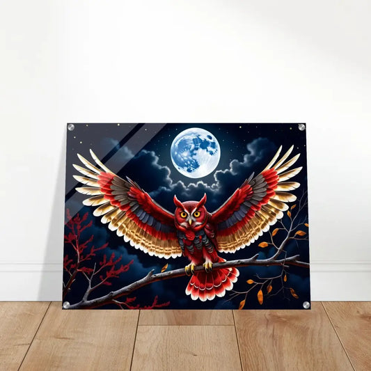 Owl art print displayed on Acrylic Print Crimson Wings Unfurled PixiOnyx Celestial Luxe
