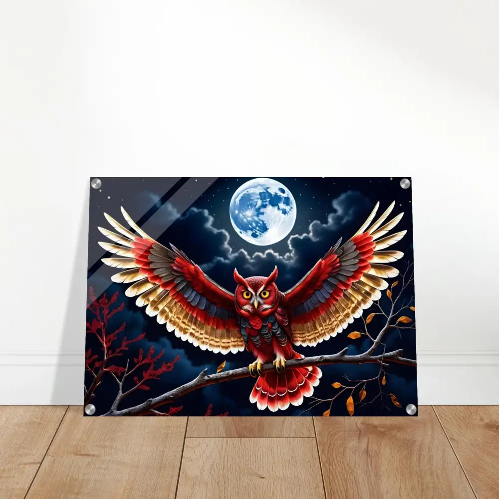 Owl art print acrylic wall decor Crimson Wings Unfurled PixiOnyx Celestial Luxe