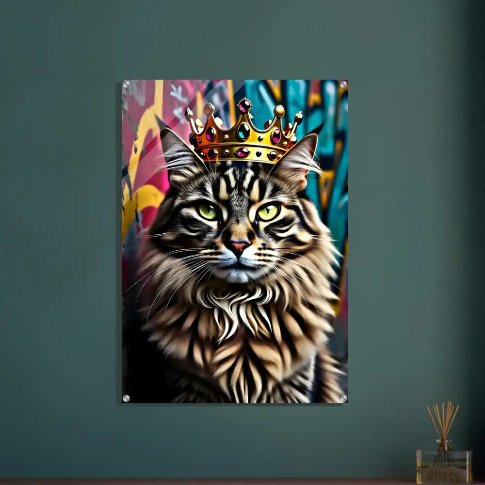 Acrylic print of a cat wearing a crown titled Crown Meowjesty by PixiOnyx Gloss Urban Cat Decor