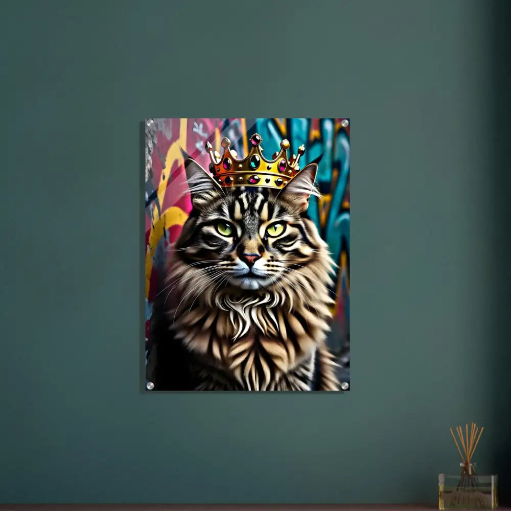 Acrylic print of a cat wearing a crown art for urban cat decor in Crown Meowjesty design