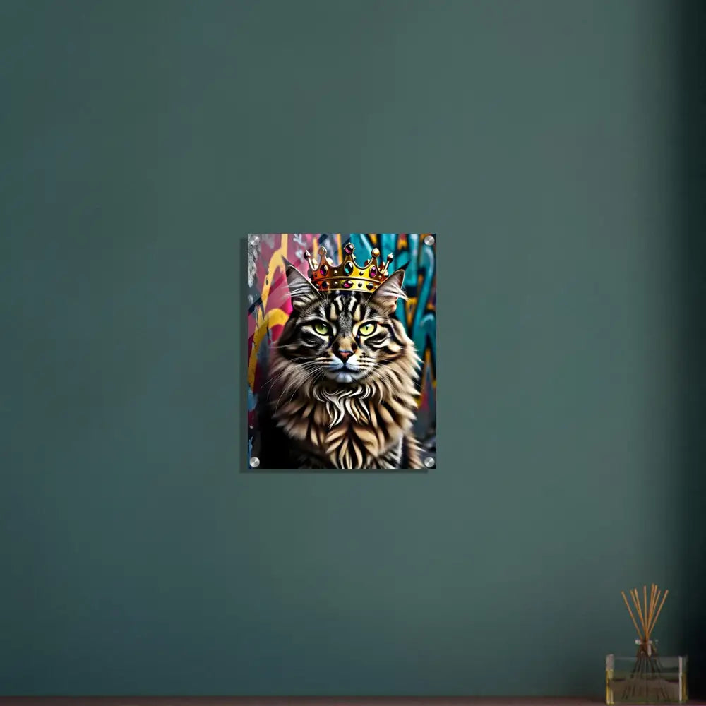 Framed cat portrait with a crown acrylic print Urban Cat Decor Crown Meowjesty