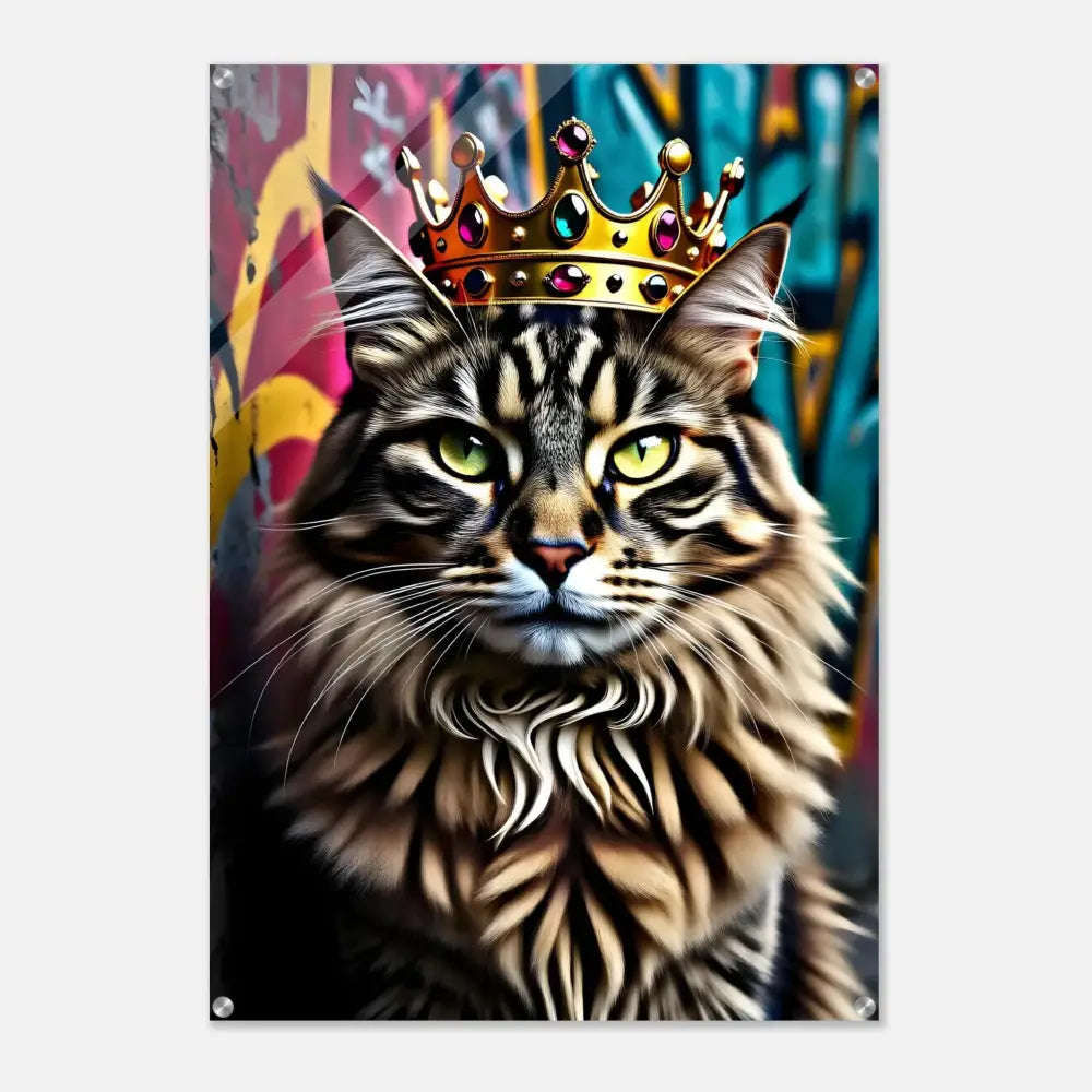 Regal cat wearing jeweled crown acrylic print for Crown Meowjesty urban cat decor