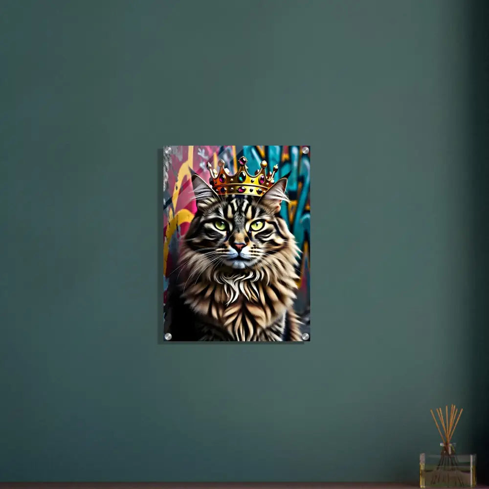 Acrylic print of a framed cat king portrait titled Crown Meowjesty Urban Cat Decor