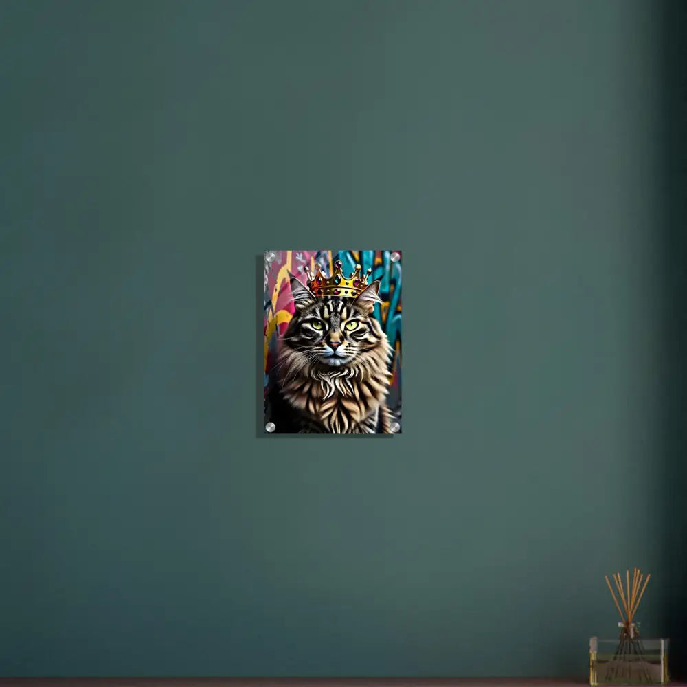 Framed acrylic cat portrait with crown, urban decor by PixiOnyx Crown Meowjesty