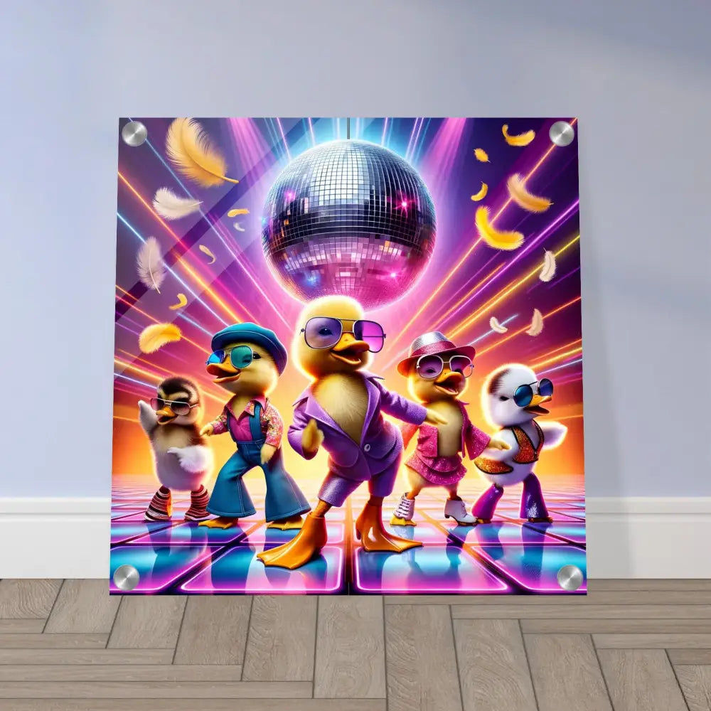 Disco duck art print on acrylic display featuring retro absurdist design
