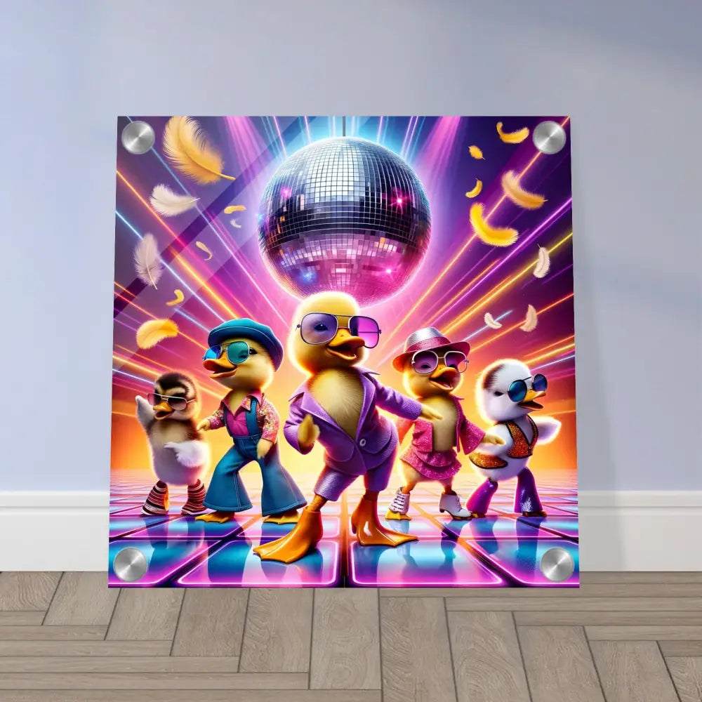 Acrylic print of Disco Ducklings art featuring retro absurdist Disco Duck design