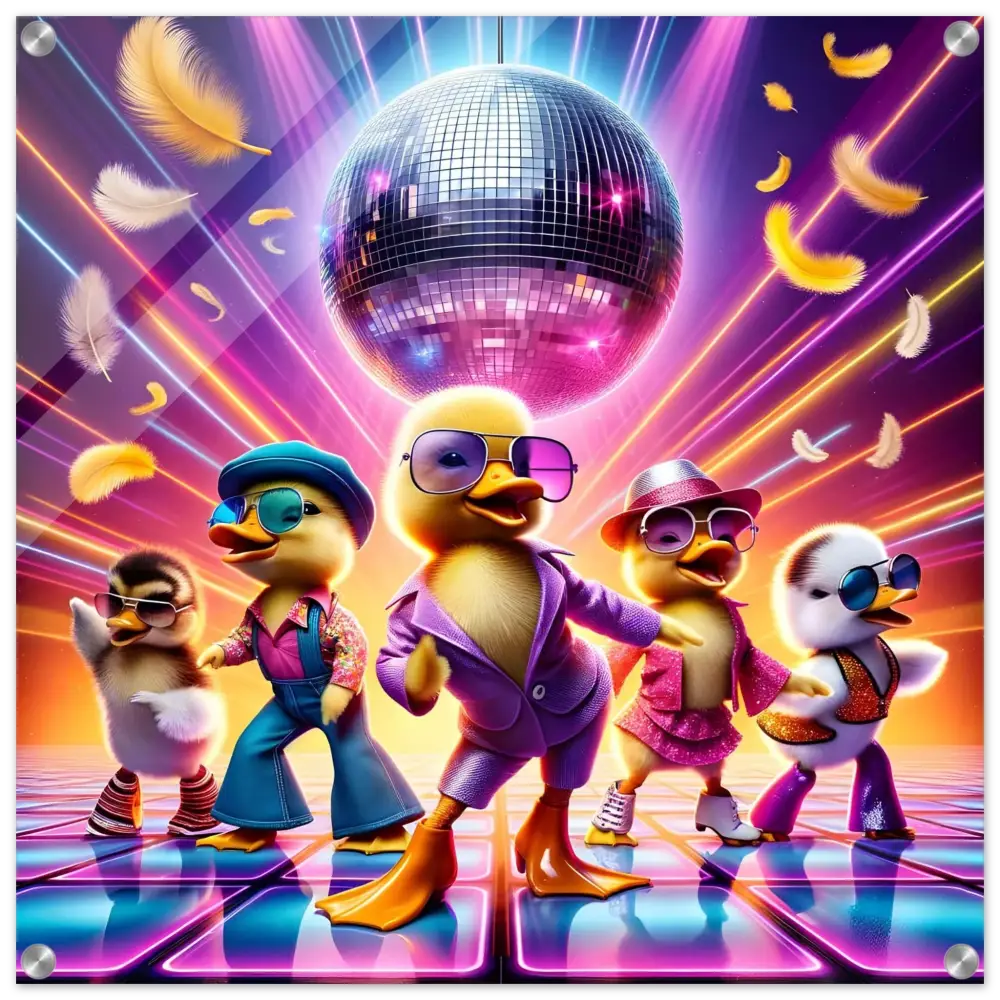 Acrylic print of disco-dancing ducks in retro outfits for PixiOnyx Disco Ducklings display