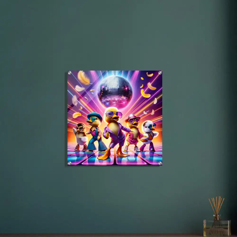 Acrylic print featuring colorful Disco Ducklings artwork by PixiOnyx Retro Absurdist Display