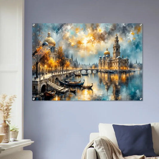 Vibrant watercolor cityscape with gondolas and illuminated buildings, depth finish, floating mount hardware