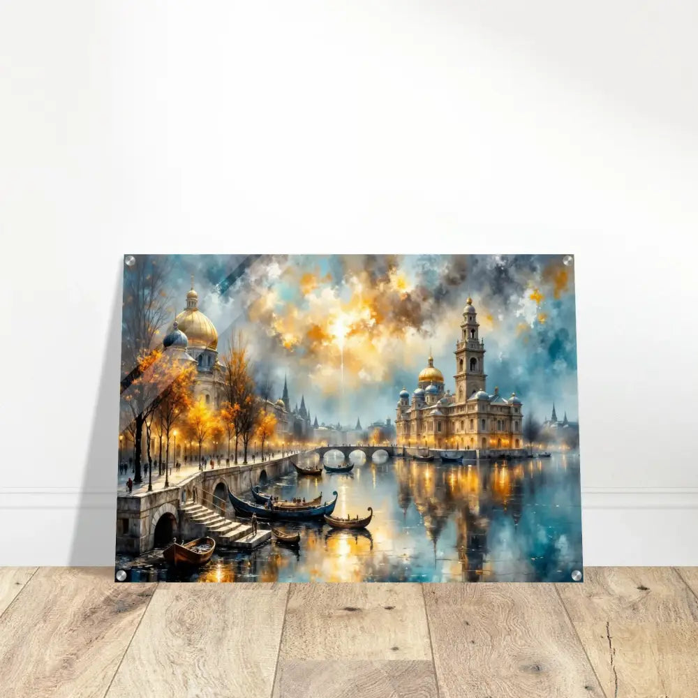 Vibrant cityscape acrylic print with illuminated buildings, boats, floating mount hardware