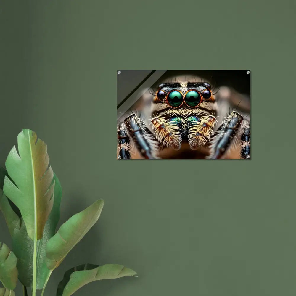 Framed close-up of an eight-eyed spider on Acrylic Print Eight-Eyed Watcher by PixiOnyx