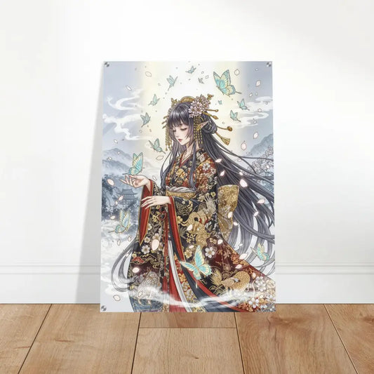 Ethereal Kimono Maiden acrylic print with butterflies, polished acrylic glass, modern standoff bolts