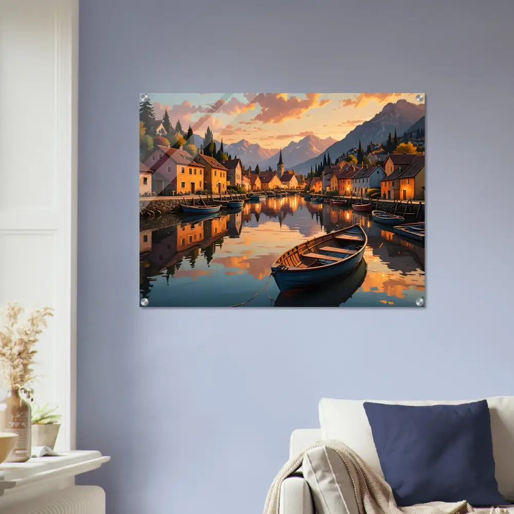 Acrylic print of a picturesque village canal scene with evening glow on water