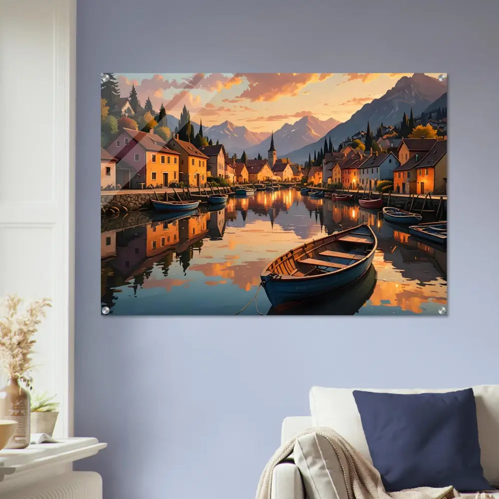 Acrylic print of picturesque lakeside village painting titled Evening Glow on the Water