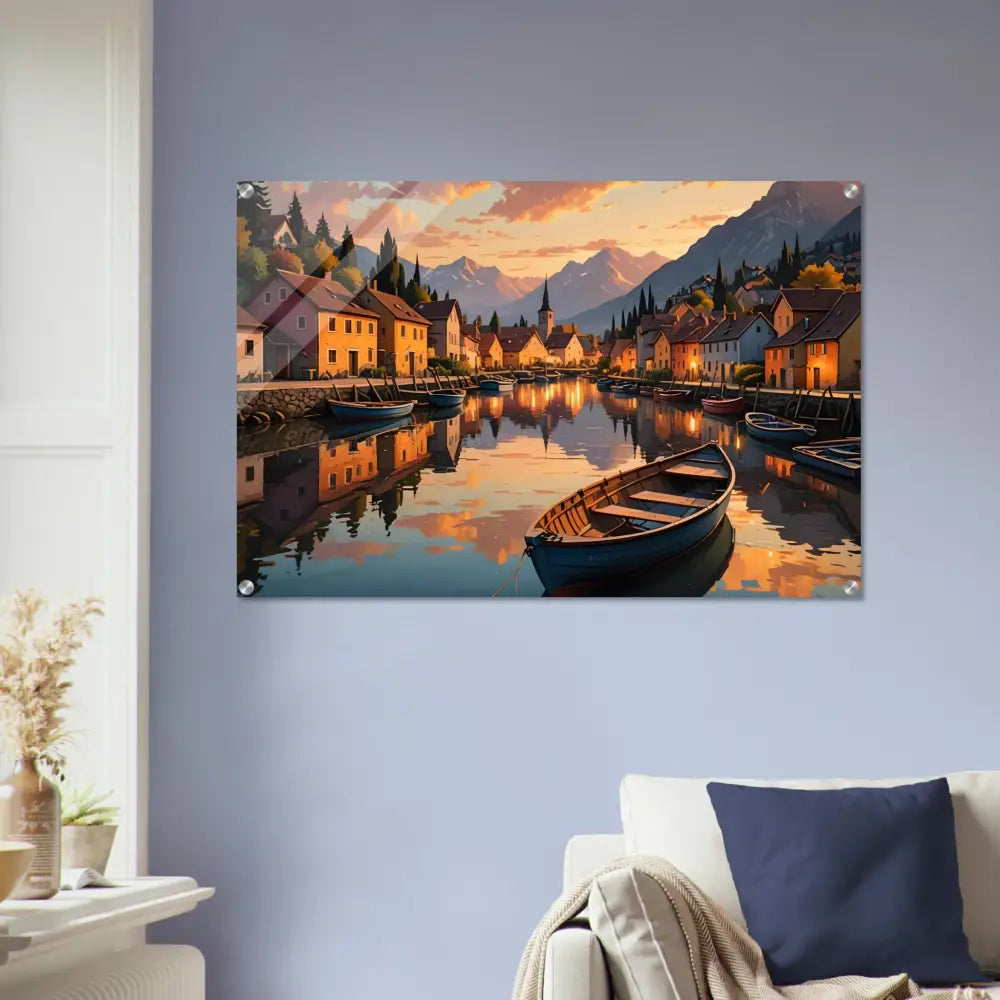 Picturesque village scene on acrylic print titled Evening Glow on the Water by PixiOnyx