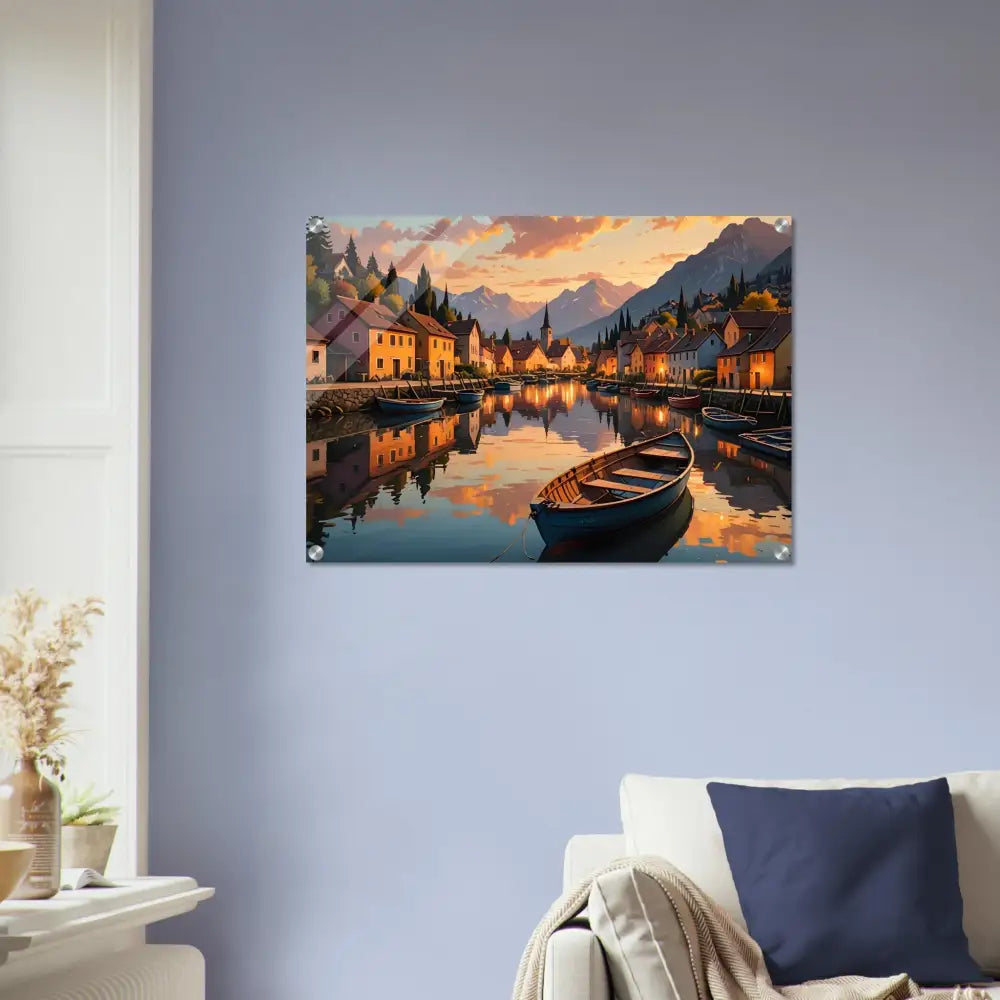 Scenic village painting displayed as acrylic print titled Evening Glow on the Water
