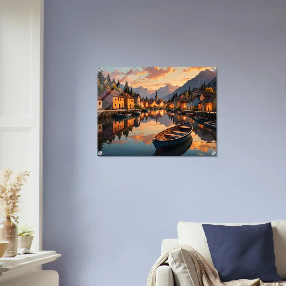 Acrylic print of a picturesque lakeside village painting titled Evening Glow on the Water by PixiOnyx