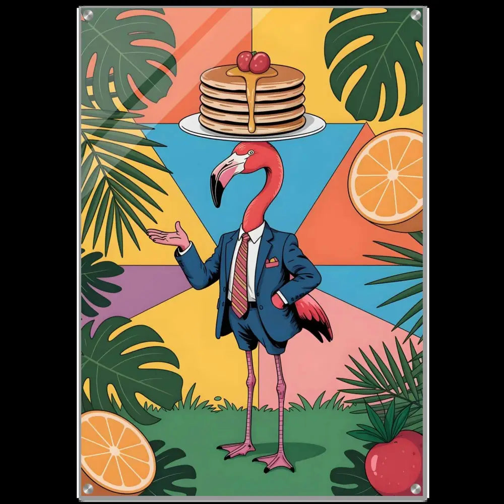 Acrylic print of a flamingo waiter in a suit balancing pancakes on its head PixiOnyx Gloss