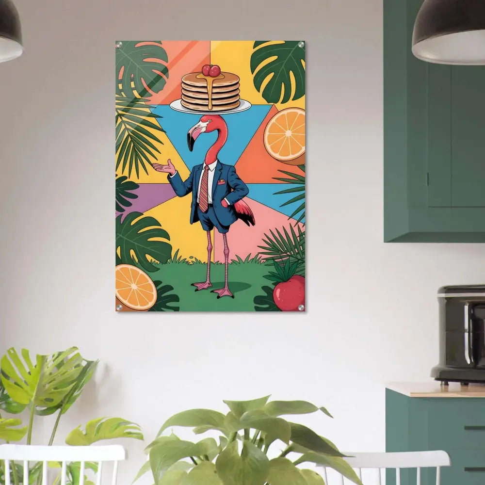 Colorful acrylic print of Flamingo Waiter with pancakes on head in PixiOnyx Gloss Jungle
