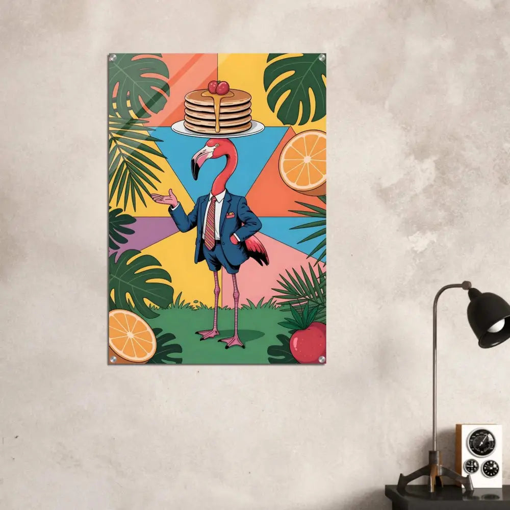 Acrylic print of a flamingo waiter in a suit balancing pancakes, tropical leaves, and fruit, PixiOnyx Gloss Jungle Service