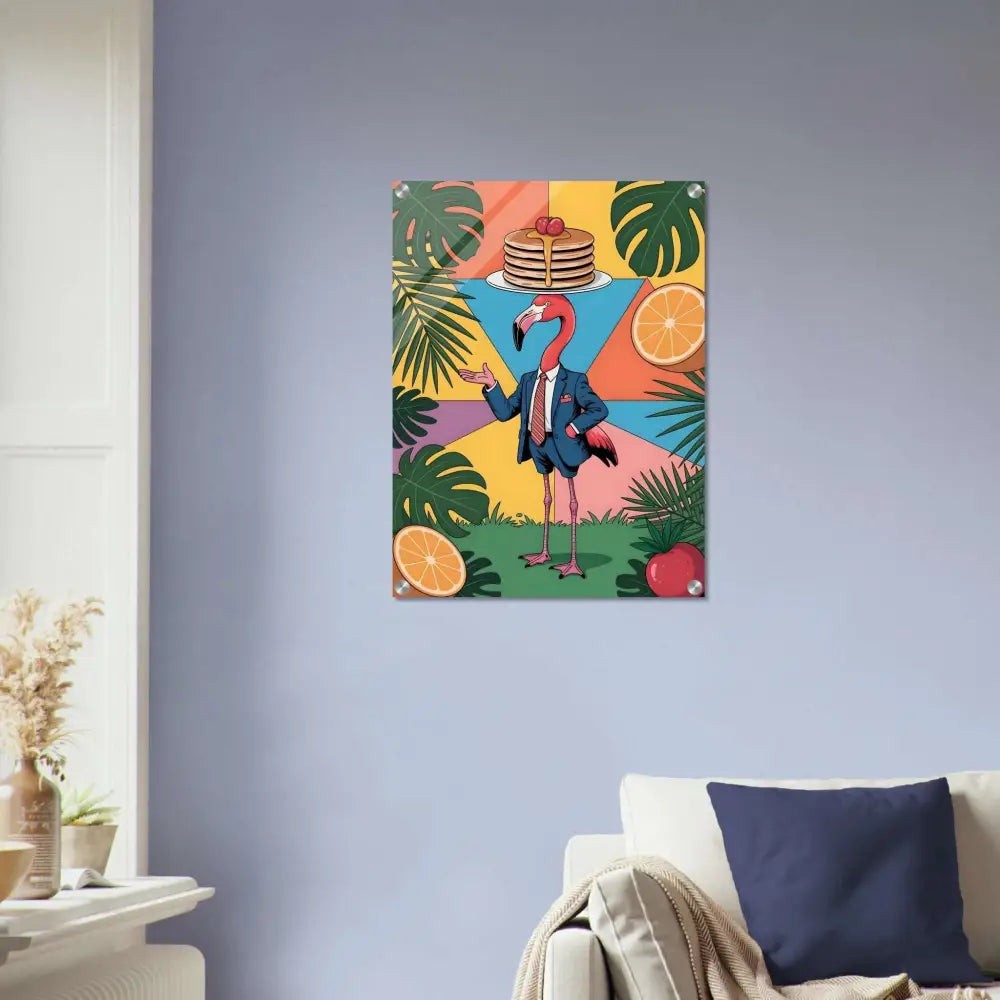 Colorful acrylic print of a flamingo waiter with pancakes in pixionyx gloss jungle style