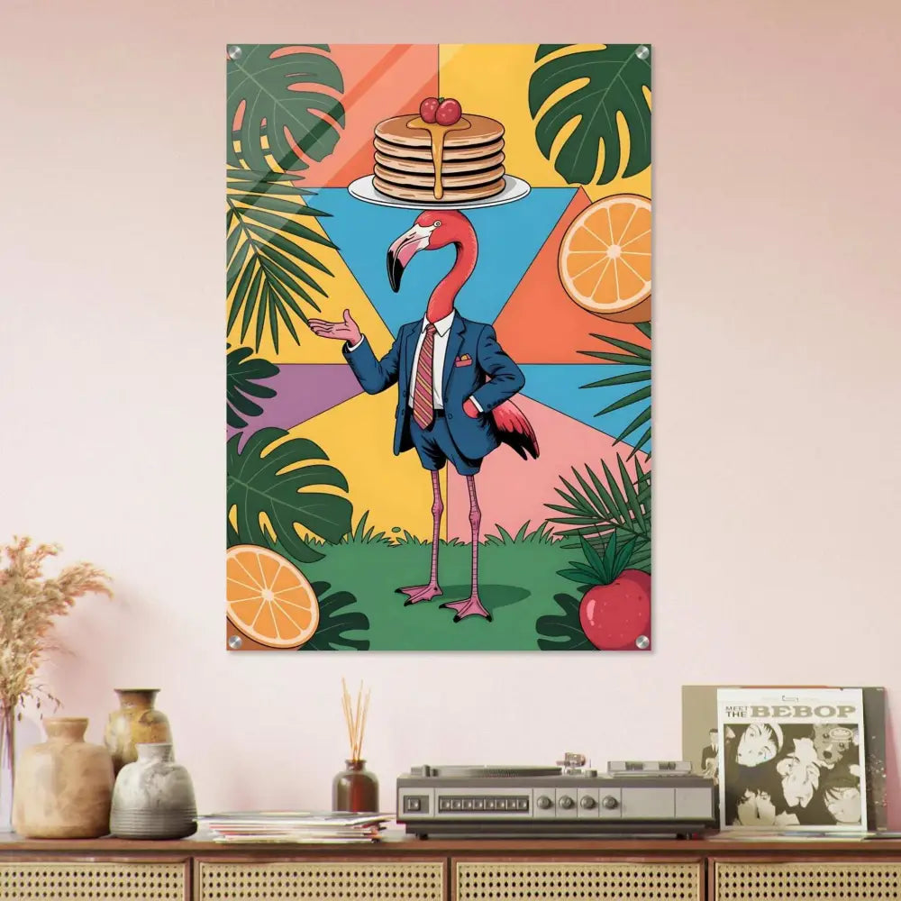 Vibrant acrylic print of a flamingo waiter with pancakes in a pixionyx gloss jungle service style