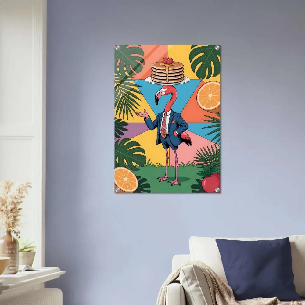 Acrylic print of Flamingo Waiter with pancakes, tropical leaves, and fruit in PixiOnyx Gloss