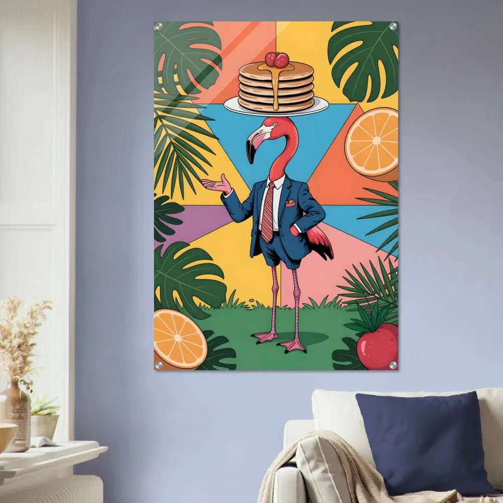 Acrylic print of Flamingo Waiter with pancakes, PixiOnyx Gloss Jungle Service