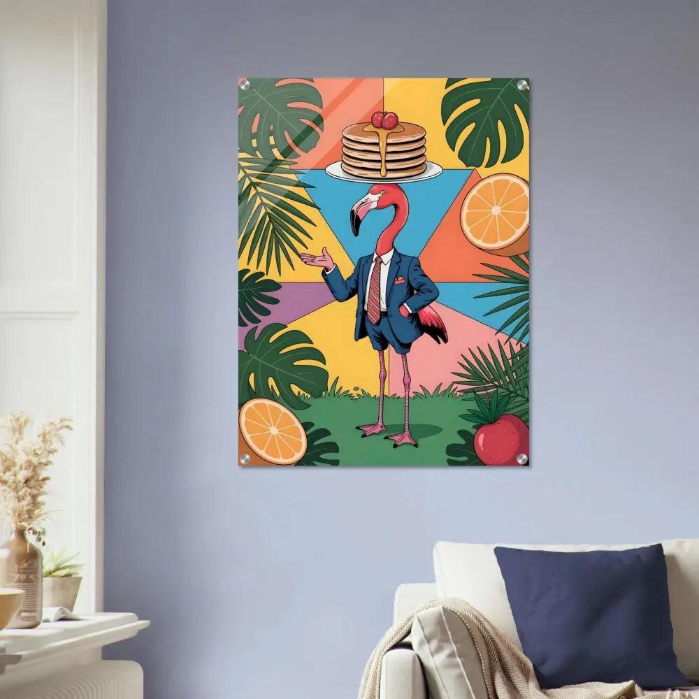 Acrylic print of a flamingo waiter balancing pancakes, tropical leaves, in PixiOnyx Gloss jungle style