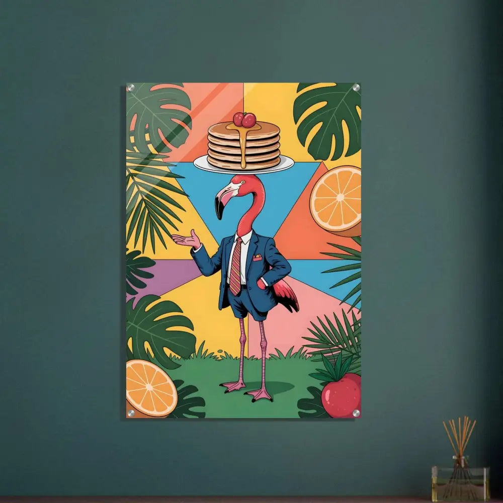 Acrylic print of flamingo waiter in suit balancing pancakes, tropical leaves, pixionyx gloss