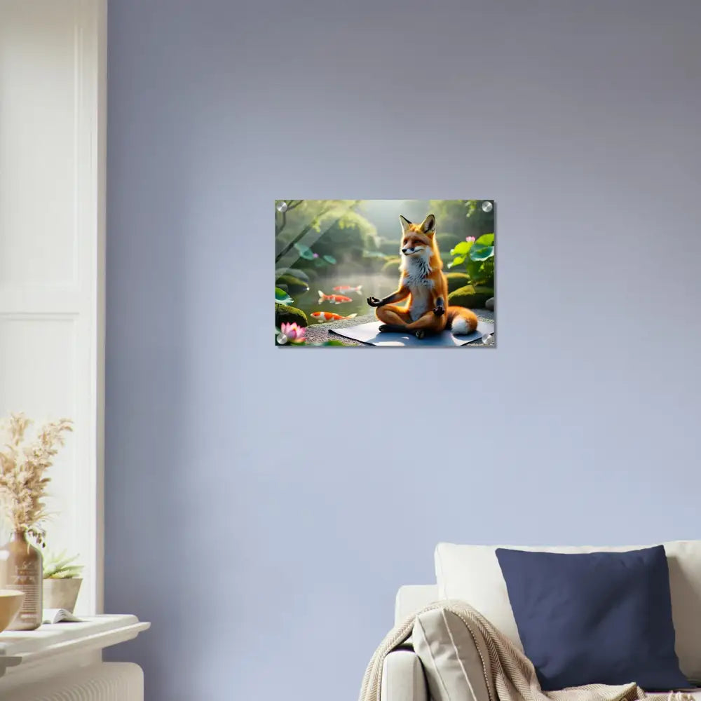 Acrylic print of a fox meditating by a pond, titled Foxasana, PixiOnyx Liquid Light Panel
